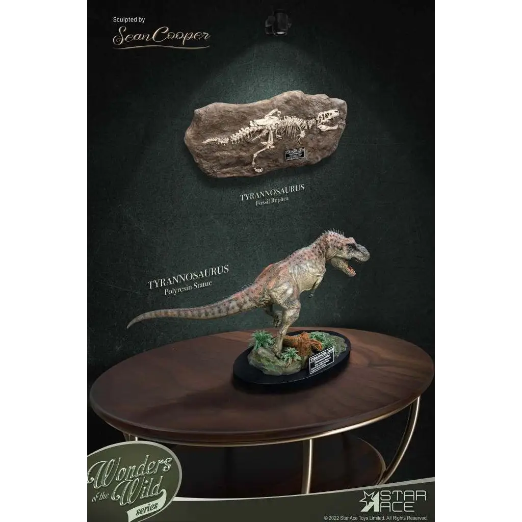 Detaljerad polyresin T-rex-statue i dynamisk pose på svart bas
