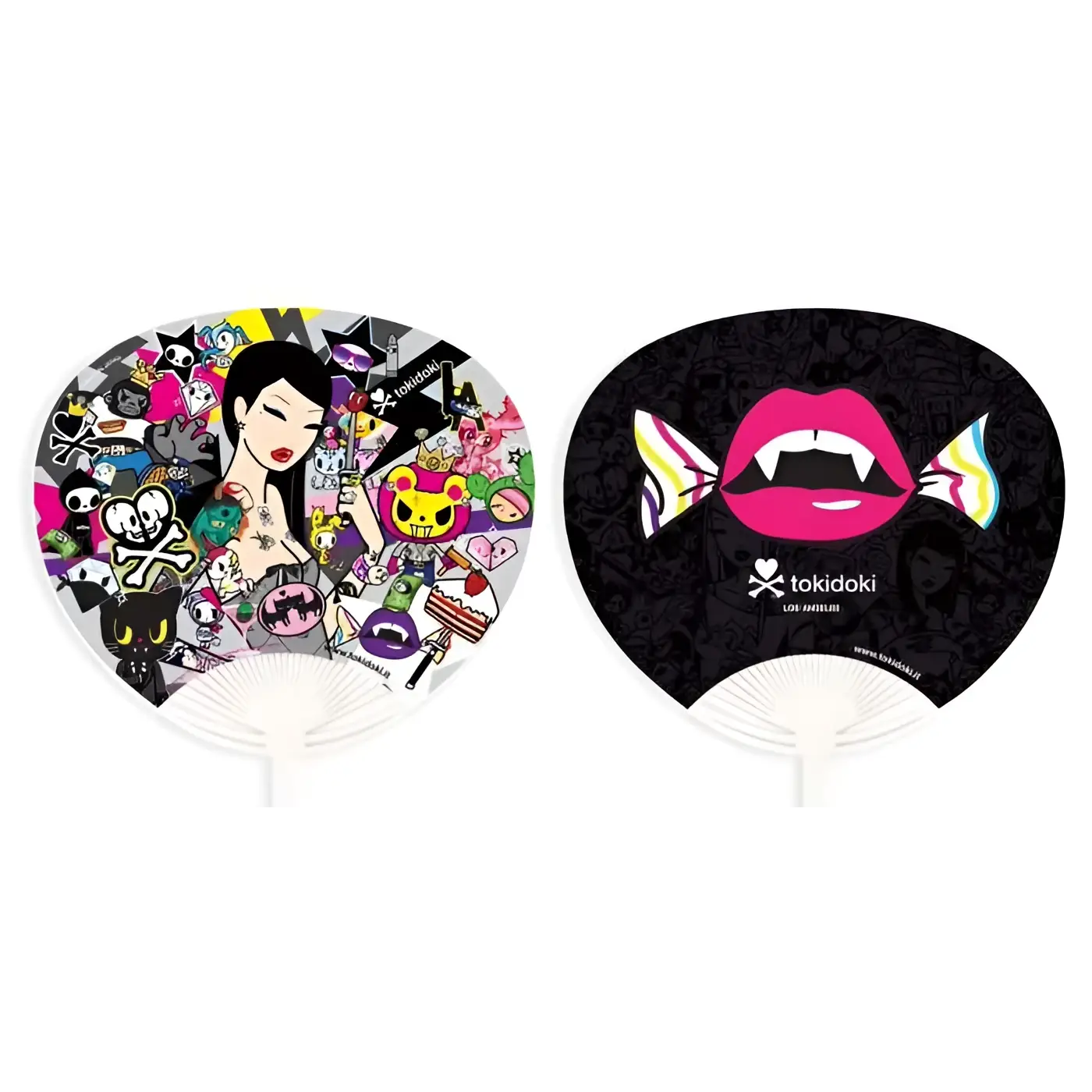 Två tokidoki uchiwa-fläktar: färgglad kvinna med figurer och läppar med betar