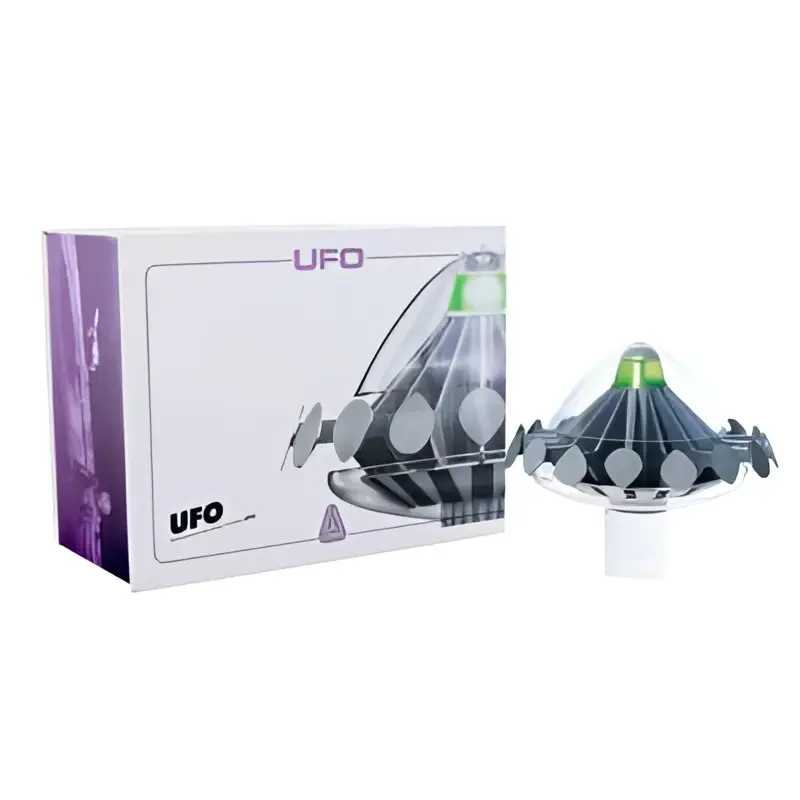 Klar plast-UFO-lampa med svarta och gröna accenter, 1970-tals sci-fi-replika