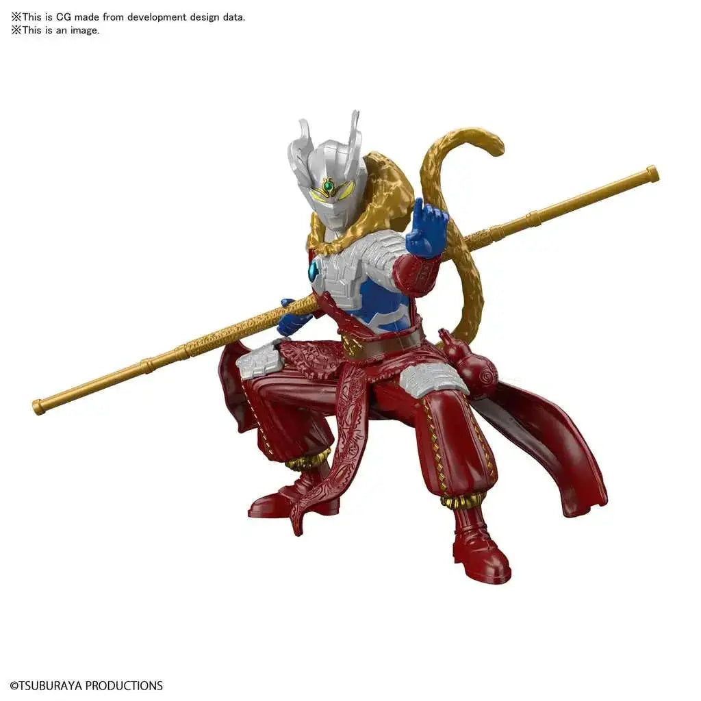 Detaljerad Ultraman-actionfigur i röd och silver dräkt med gulddetaljer, håller gyllene stav, Ultra Man AOL Zero Wukong Armor