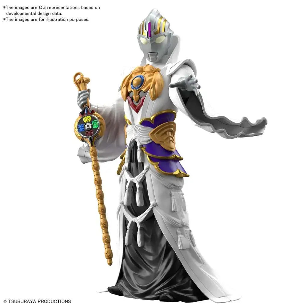 Silver och guld Ultraman Orb Jiang Ziya-figur med lila accenter och gyllene stav