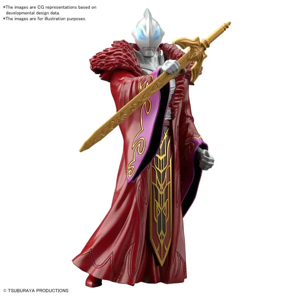 Ultra Man Geed Sun Quan-figur: silverrustad hjälte med röd-lila mantel och gyllene svärd