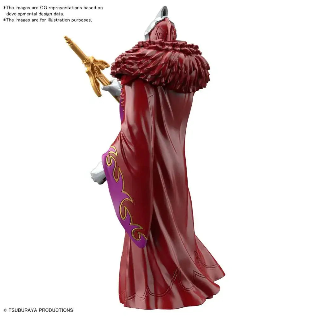Ultra Man Geed Sun Quan-figur med röd-lila rustning, fjäderkappa och gyllene stav