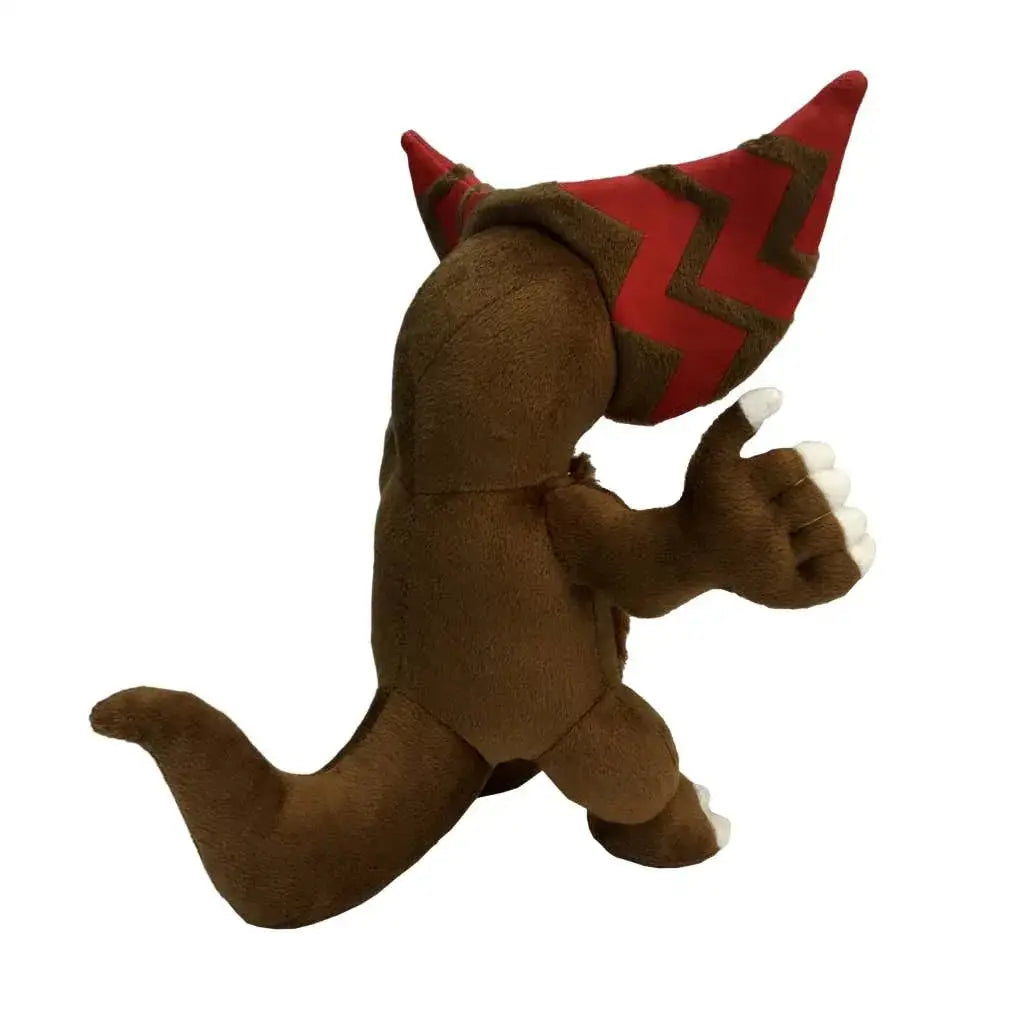 Brun plyschdinosaurie Ultra Man Gomora Ljusande med röda horn och vita klor