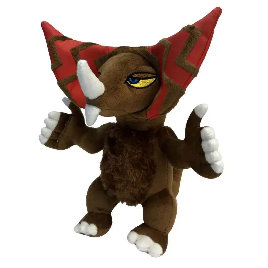 Brun Ultra Man Gomora lysande plush med röda triangulära horn, vita klor och betar, gula ögon