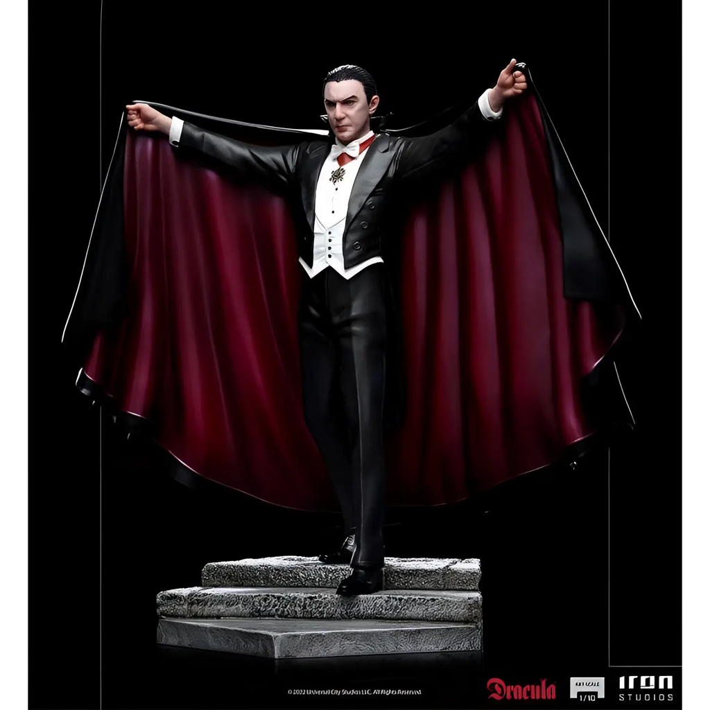 Svart och vinröd Dracula-staty i mantel och smoking från Iron Studios