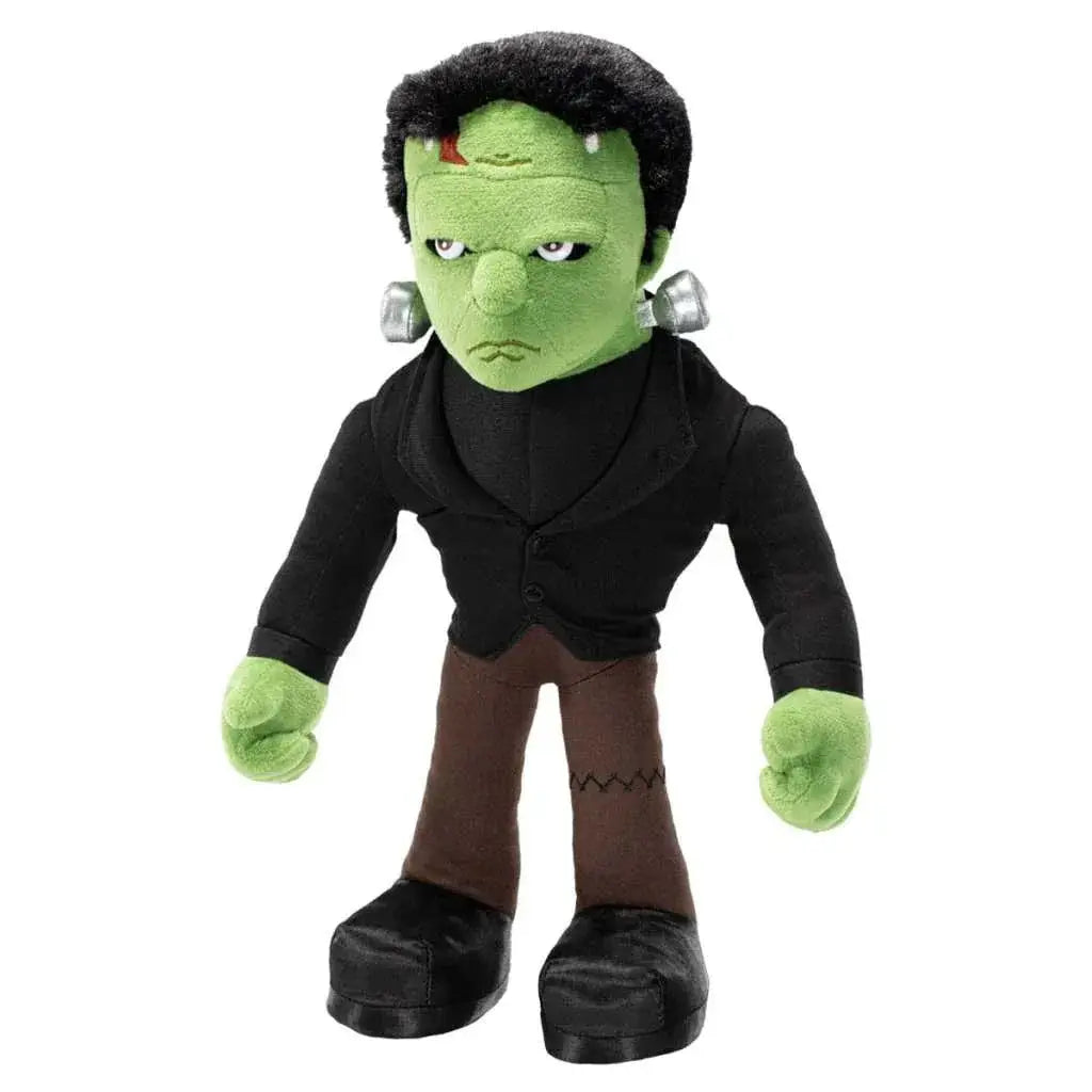 Grön plyschig Frankenstein-monsterdocka med svart hår, silverbultar i öronen, svart kostym och bruna byxor från Universal Monsters