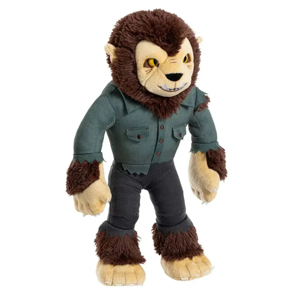 Universal Monsters Wolfman plush med brunt hår, gula ögon och sydd leende i mörkgrön corduroy-jacka