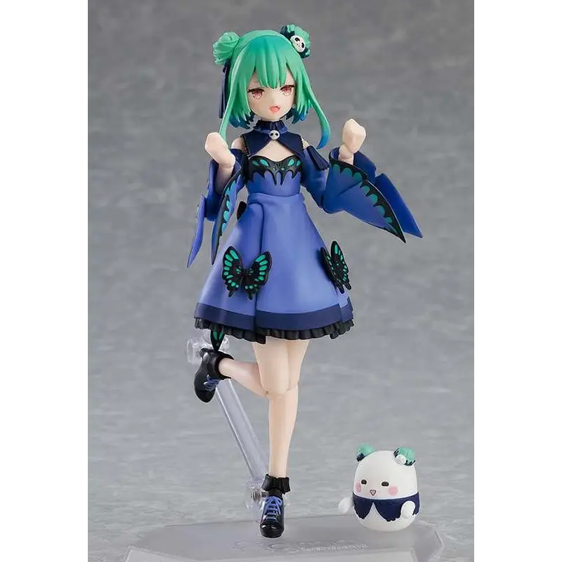 Blåsvart figma-figur av Uruha Rushia från Hololive med gröna håret och fjärilsklädsel