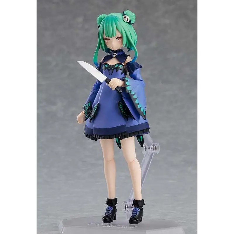 Blåsvart Uruha Rushia figma-figur från Hololive med turkosa twin buns och grön fjärilsklänning