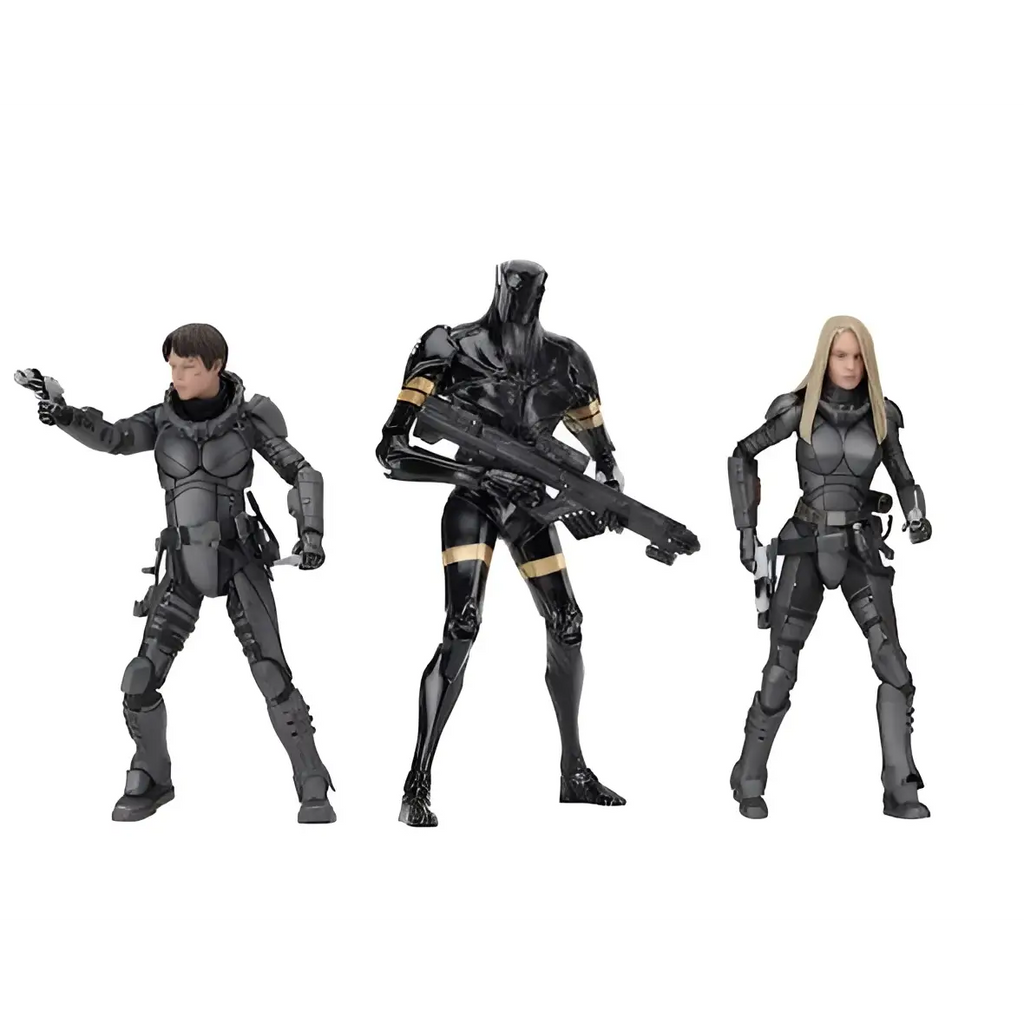Svart actionfigurset med tre karaktärer i taktisk utrustning, Valerian exklusiv