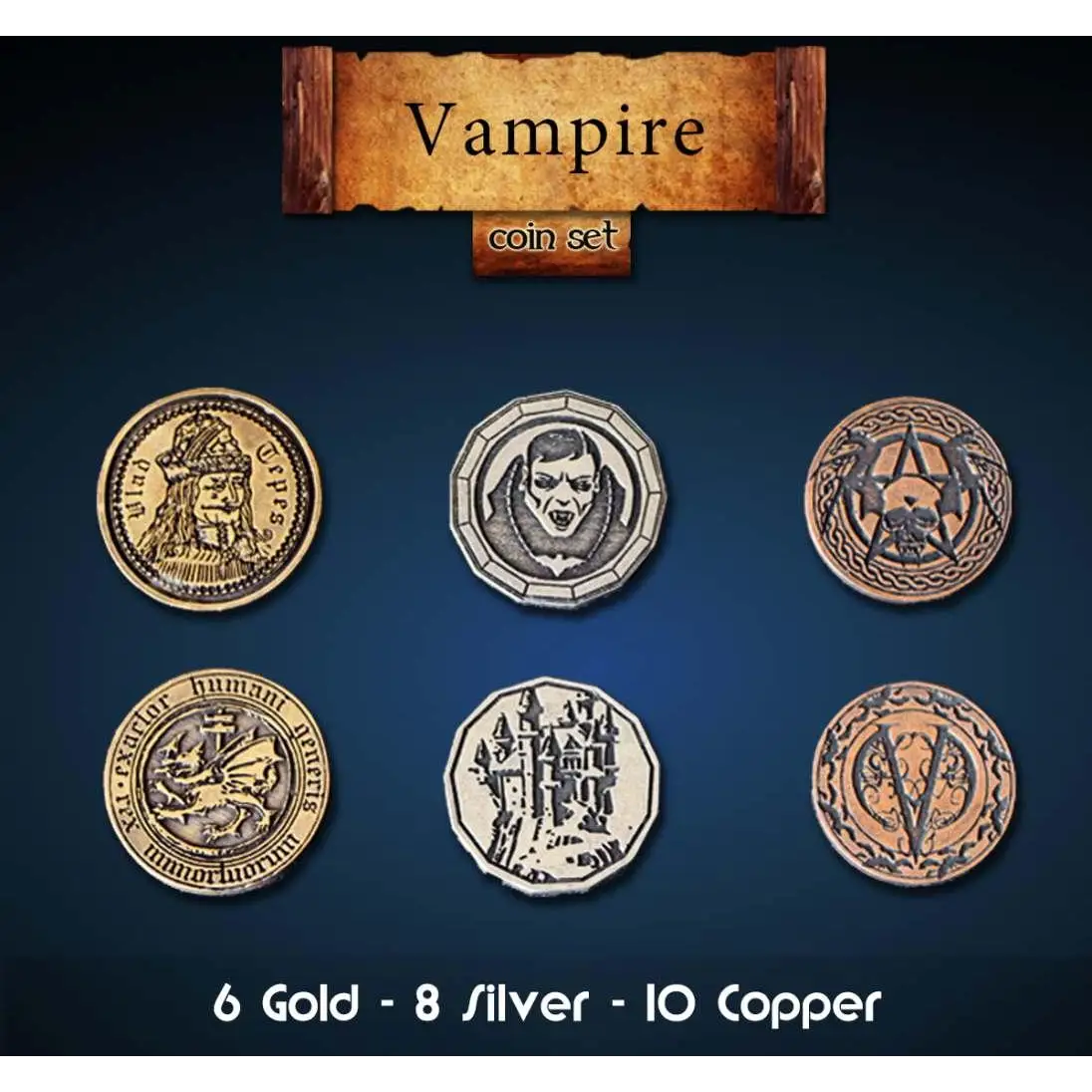 Vampir Metallmynt Set med 24 mynt i guld, silver och koppar med vampyrdesign