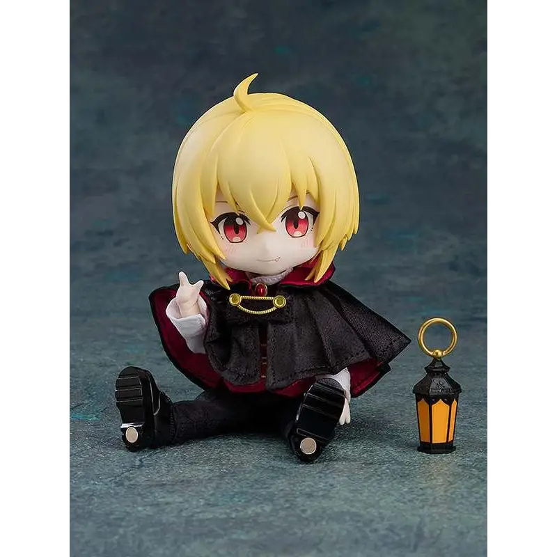 Chibi-figur av blond Vampire Camus Nendoroid Docka med röda ögon bredvid orange lykta