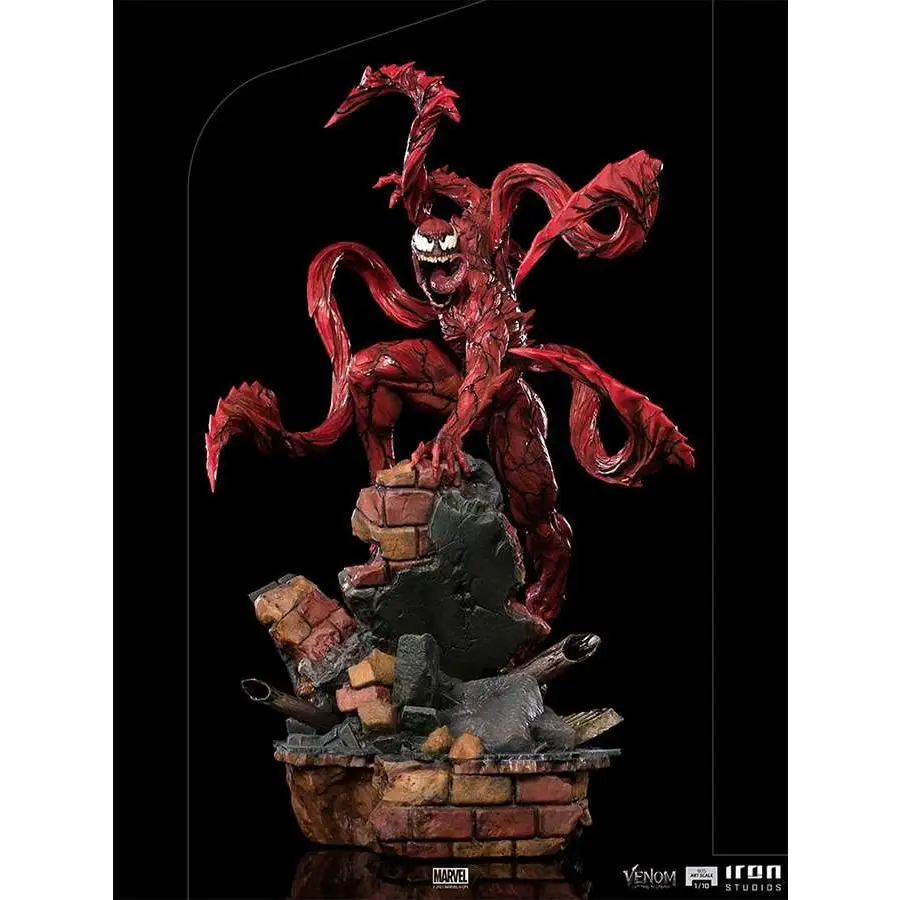 Röd, glansig, detaljerad Venom-statue med hotfull min och flödande tentakler från Venom 2 Carnage 1/10