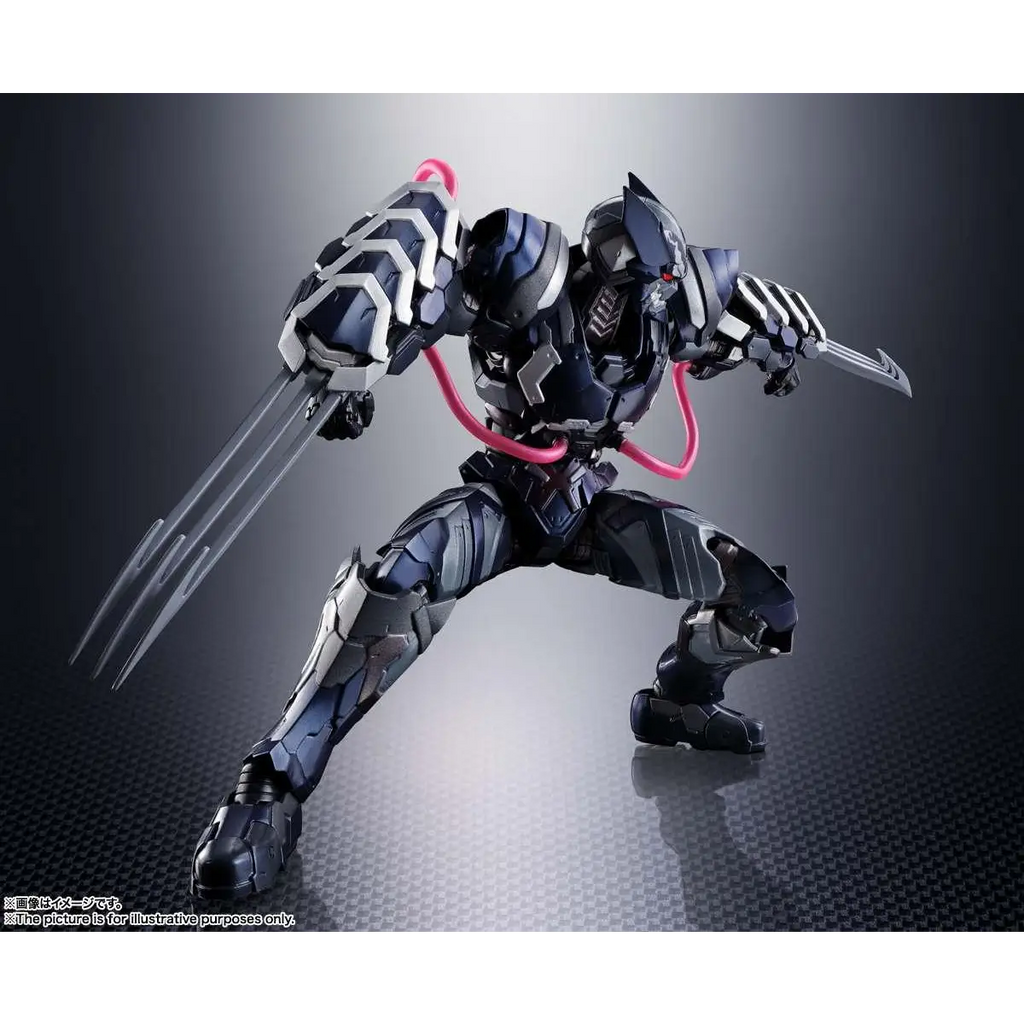 Svart och silver robotfigur med rosa kablar, Venom Symbiote Wolverine med dubbla svärd i dynamisk pose