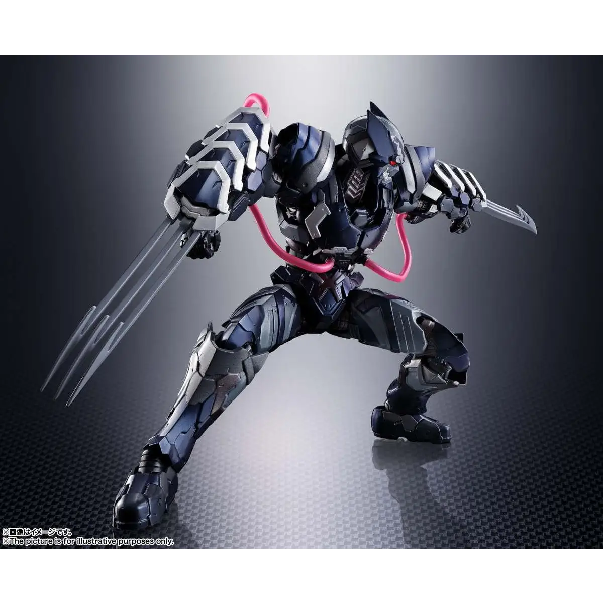 Svart och silver robotfigur med rosa kablar, Venom Symbiote Wolverine med dubbla svärd i dynamisk pose