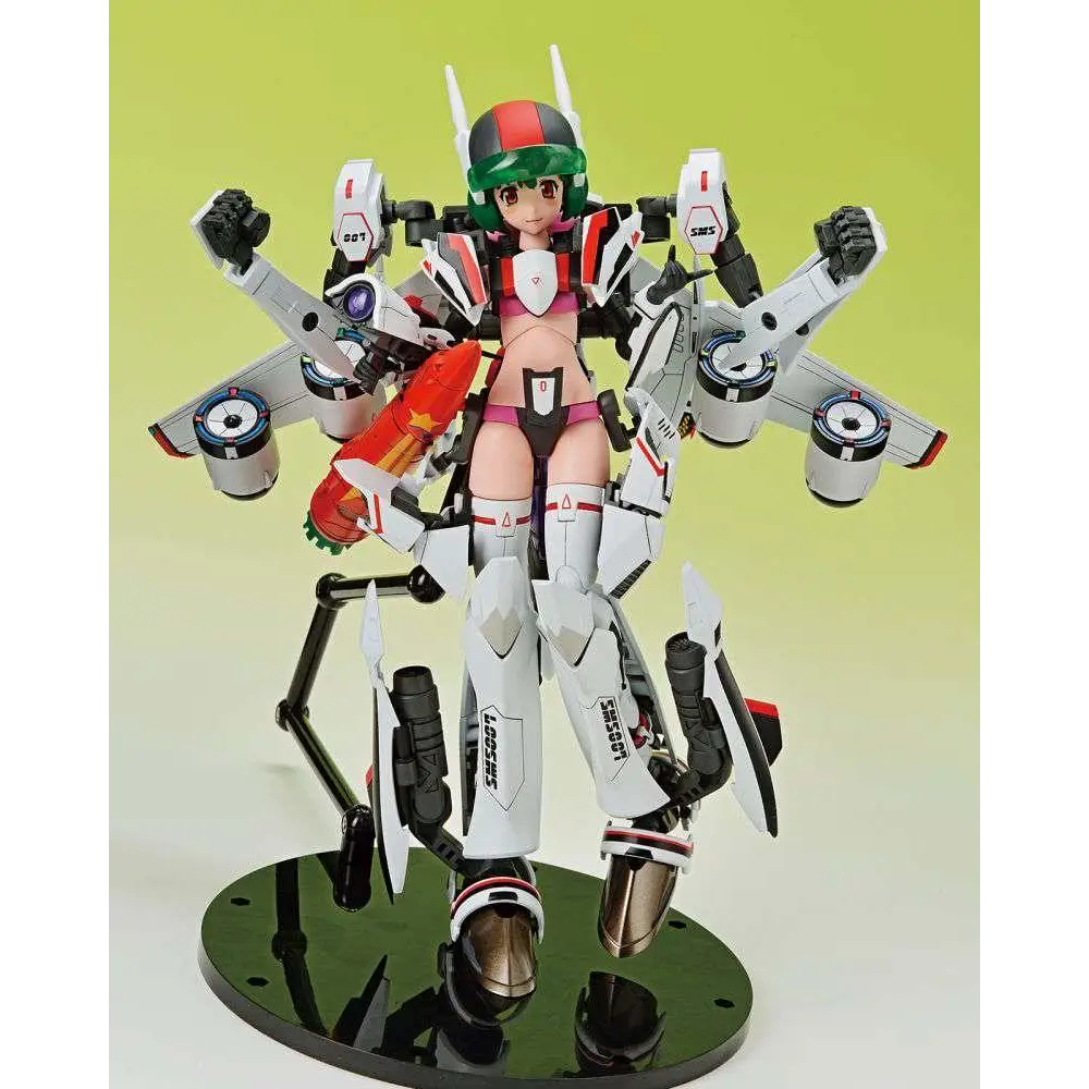 Vit vit och röd pansrad animefigur med grön hjälm på svart stativ, VfG Macross F VF-25F Messiah Ranka Lee MK