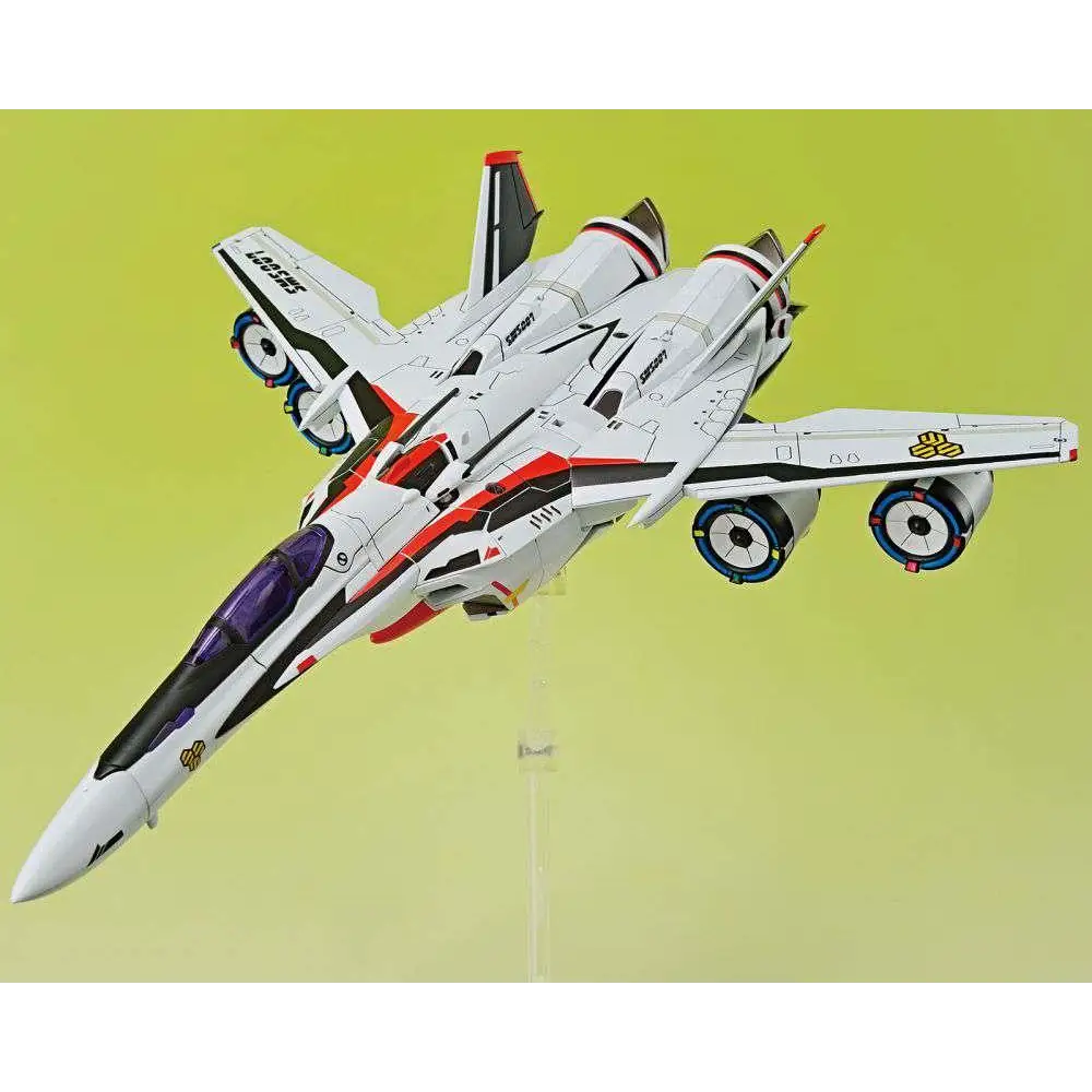 Vit svart-röd diecast-modell av VF-25F Messiah Ranka Lee MK från Macross, med lila cockpit och detaljerade markeringar