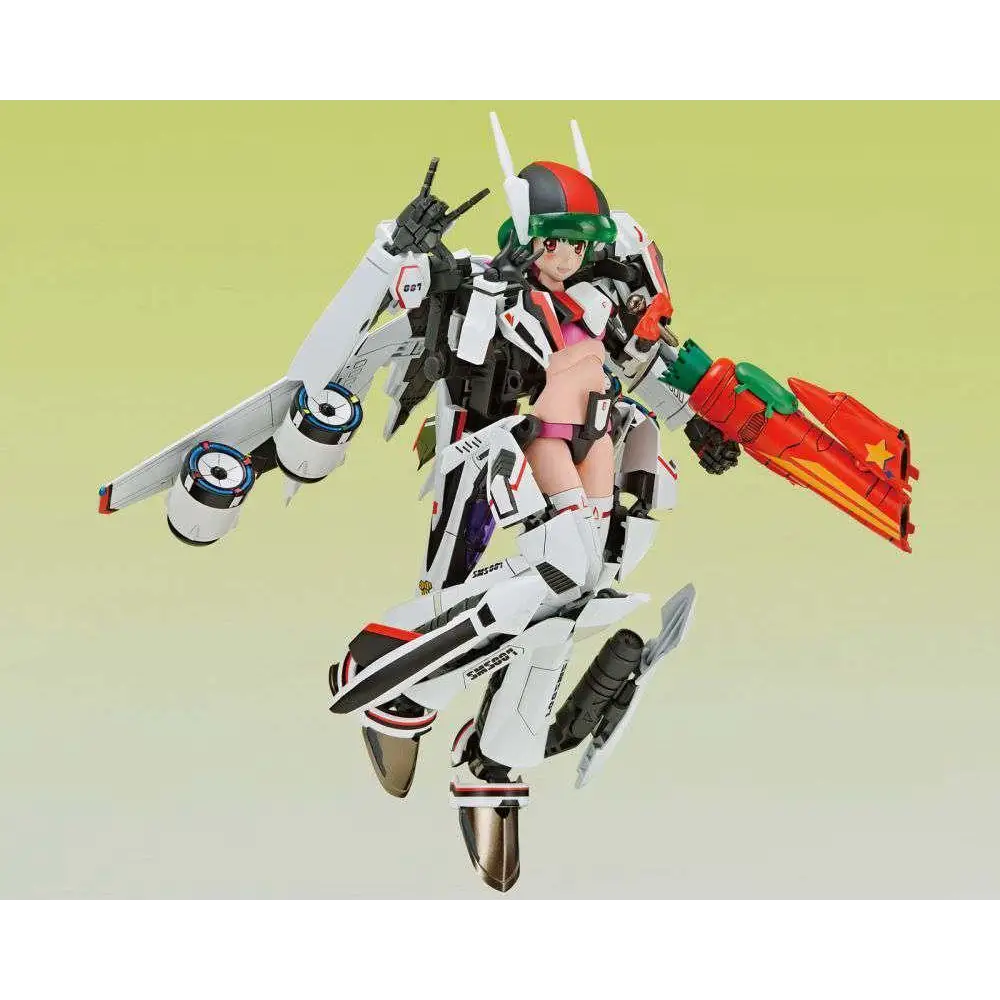 Vit mecha i vit-röd rustning, grön hjälm, detaljerad design och vapen från Vf-25f Messiah Ranka Lee MK