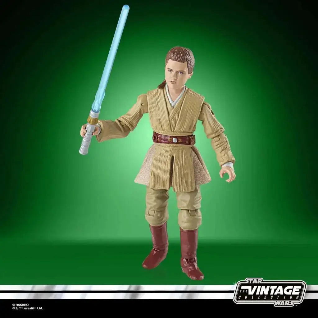 Vintage Anakin Skywalker jedi-riddare actionfigur med beige mantel, röd bälte och blå ljussabel