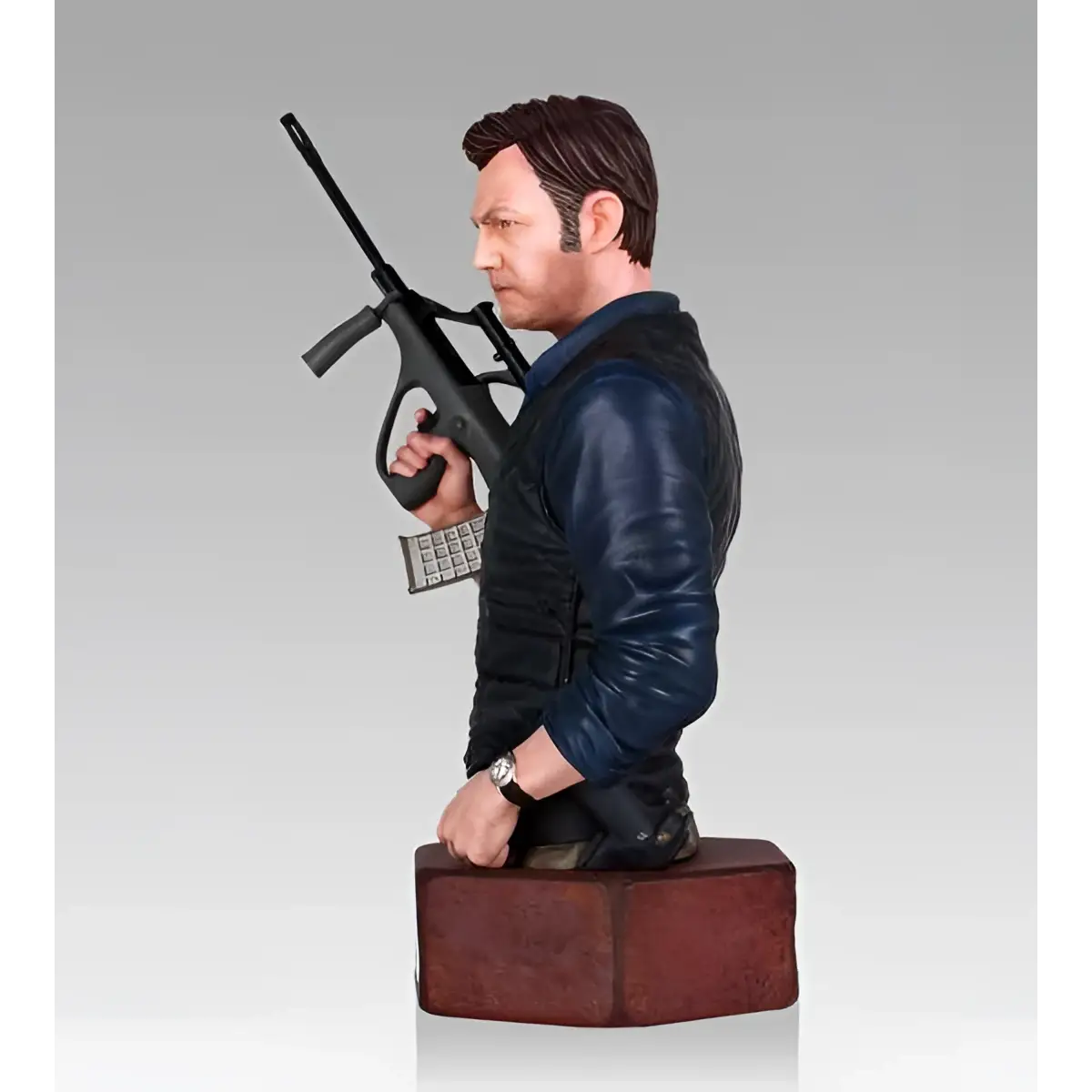 Detaljerad resinbyst av The Governor från Walking Dead med blå läderjacka, svart gevär på röd tegelbas