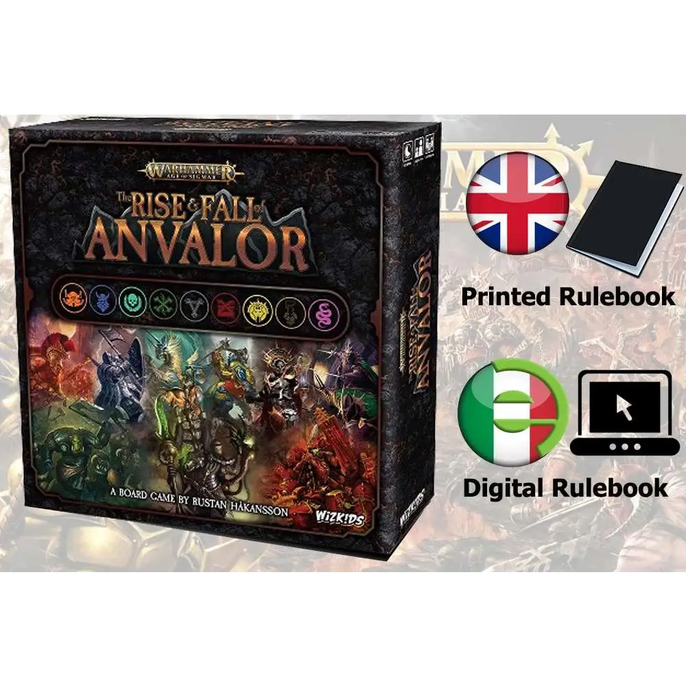 Warhammer: The Rise & Fall of Anvalor spelbox med mörk design och lysande ikoner