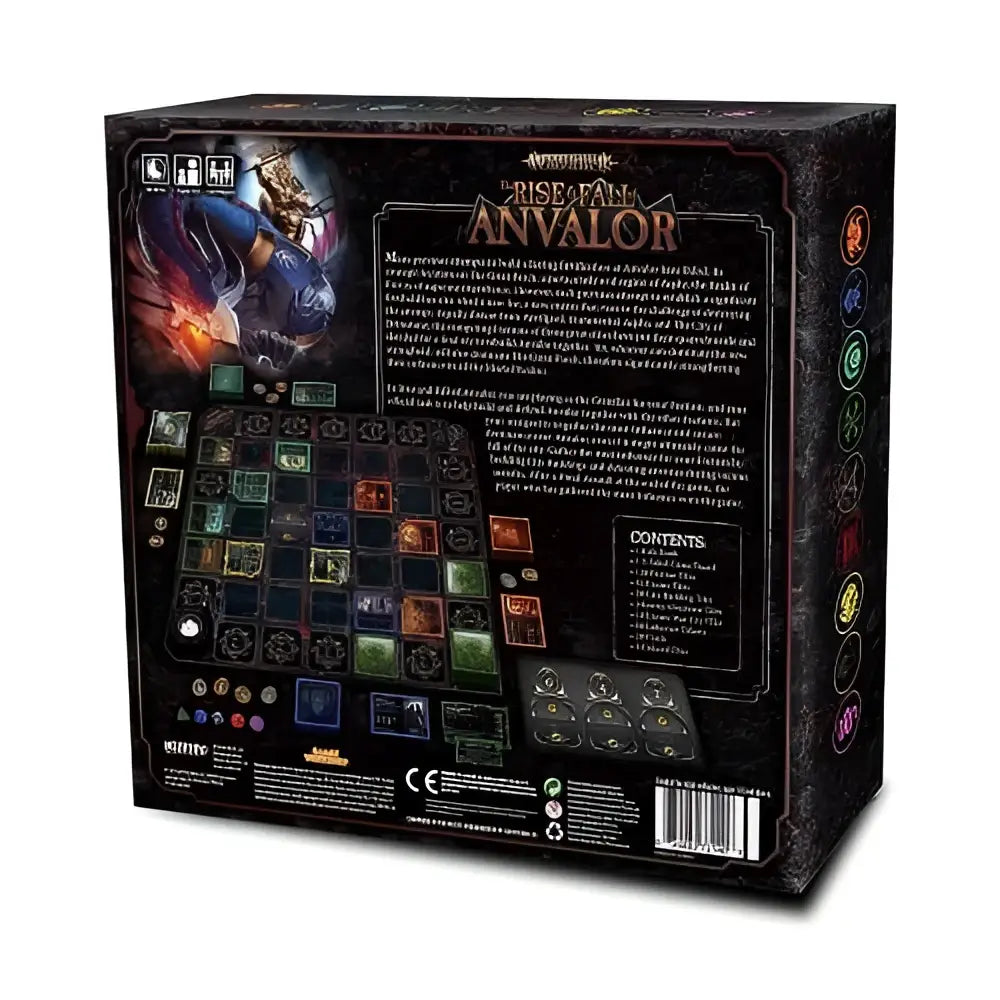 Svart kartonglåda för Warhammer: The Rise & Fall of Anvalor, med mörk fantasyillustration och färgglada komponenter