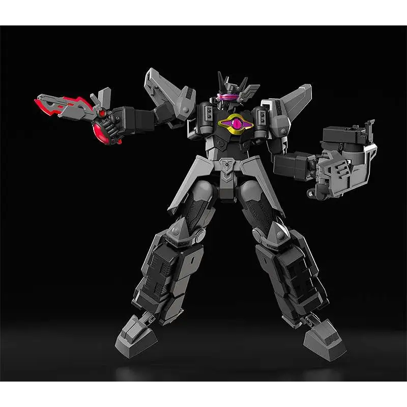 Svart och grå Webdiver Dark Gladion Moderoid MK-robotactionfigur med röda vapenaccent och gul-rosa emblem