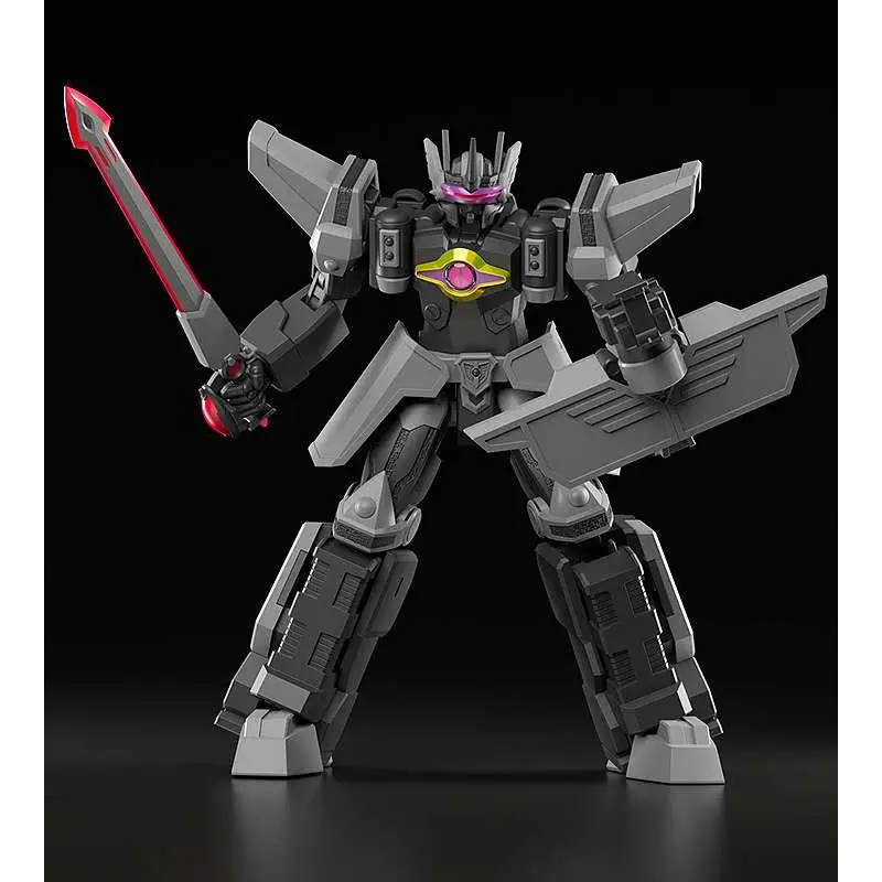 Svart och grå robotfigur Webdiver Dark Gladion Moderoid MK med rosa och gula accenter, håller rött svärd