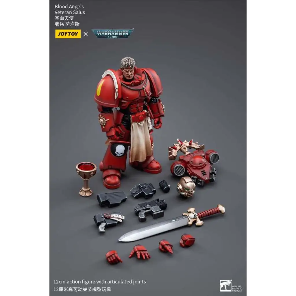 Röd rustad Warhammer 40,000 Blood Angels veteran Salus actionfigur med guld- och svarta accenter