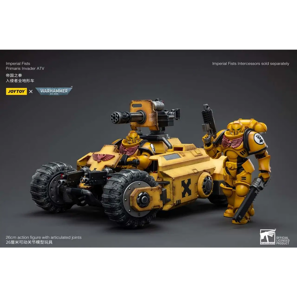 Gul pansrad krigare bredvid matchande gul Primaris Invader ATV från Warhammer 40,000