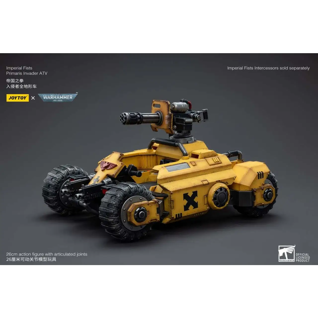 Gul pansarfordon med svarta däck och monterat vapen, Primaris Invader ATV från Warhammer 40,000 Imperial Fists