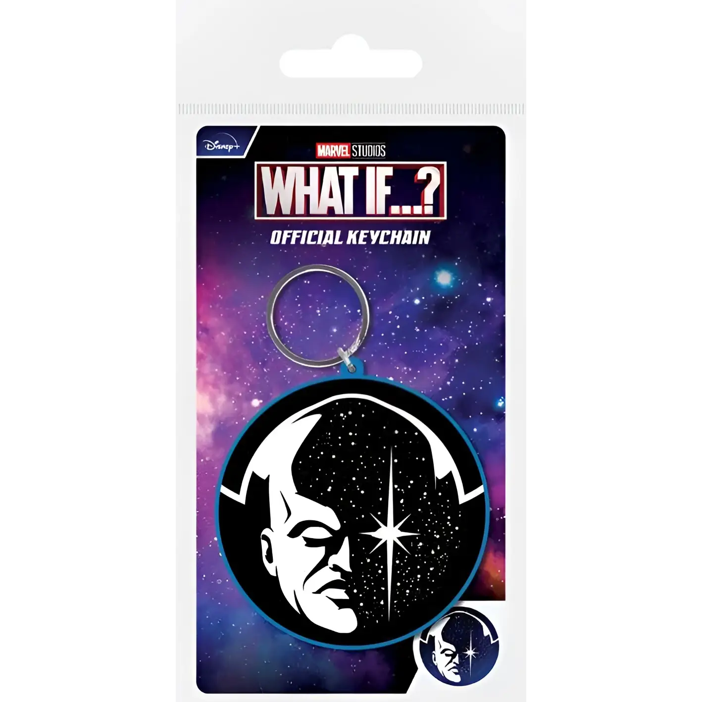 Svartvit rund nyckelring med stiliserat ansikte på stjärnhimmel, officiell Marvel Studios What If? The Watcher-produkt