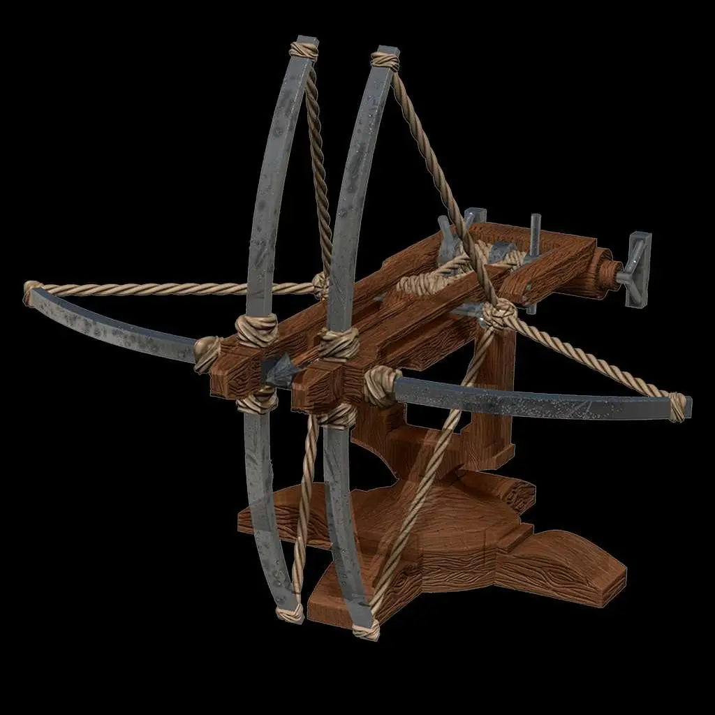 Rustik modell av trä- och metallbåge med repbindningar från Wizkids 4D Krigsmaskiner: Ballista