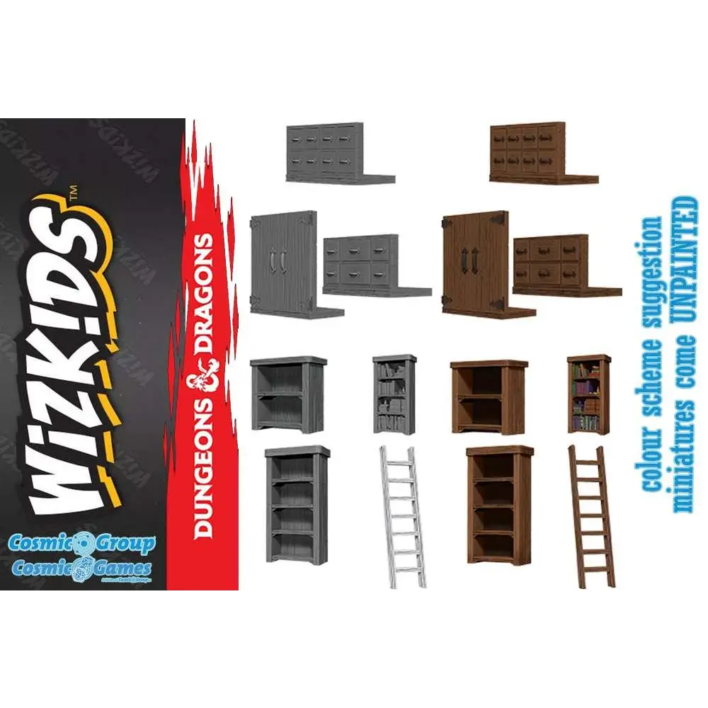 Grå och bruna miniatyrer av möbler för D&D från Wizkids Archivist Bibliotek