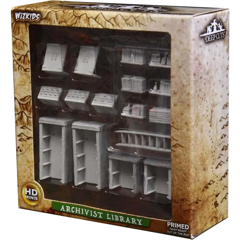 Grå primerad plastminiatyrbokhylla för bordspel, Wizkids Archivist Bibliotek