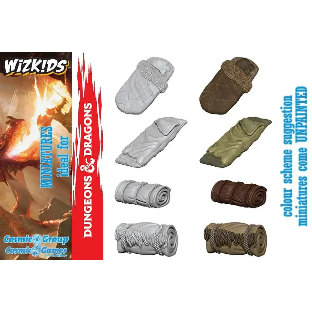 Omålade plastiska sovsäckar och rullade filtar för D&D-miniatyrer, Wizkids Bedrolls