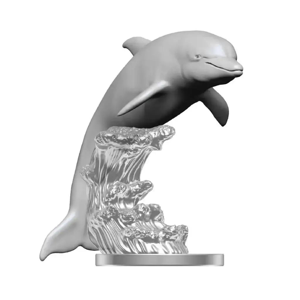 Silver Delfiner-figur med detaljerad vågbas för bordspel, Wizkids Deep Cuts