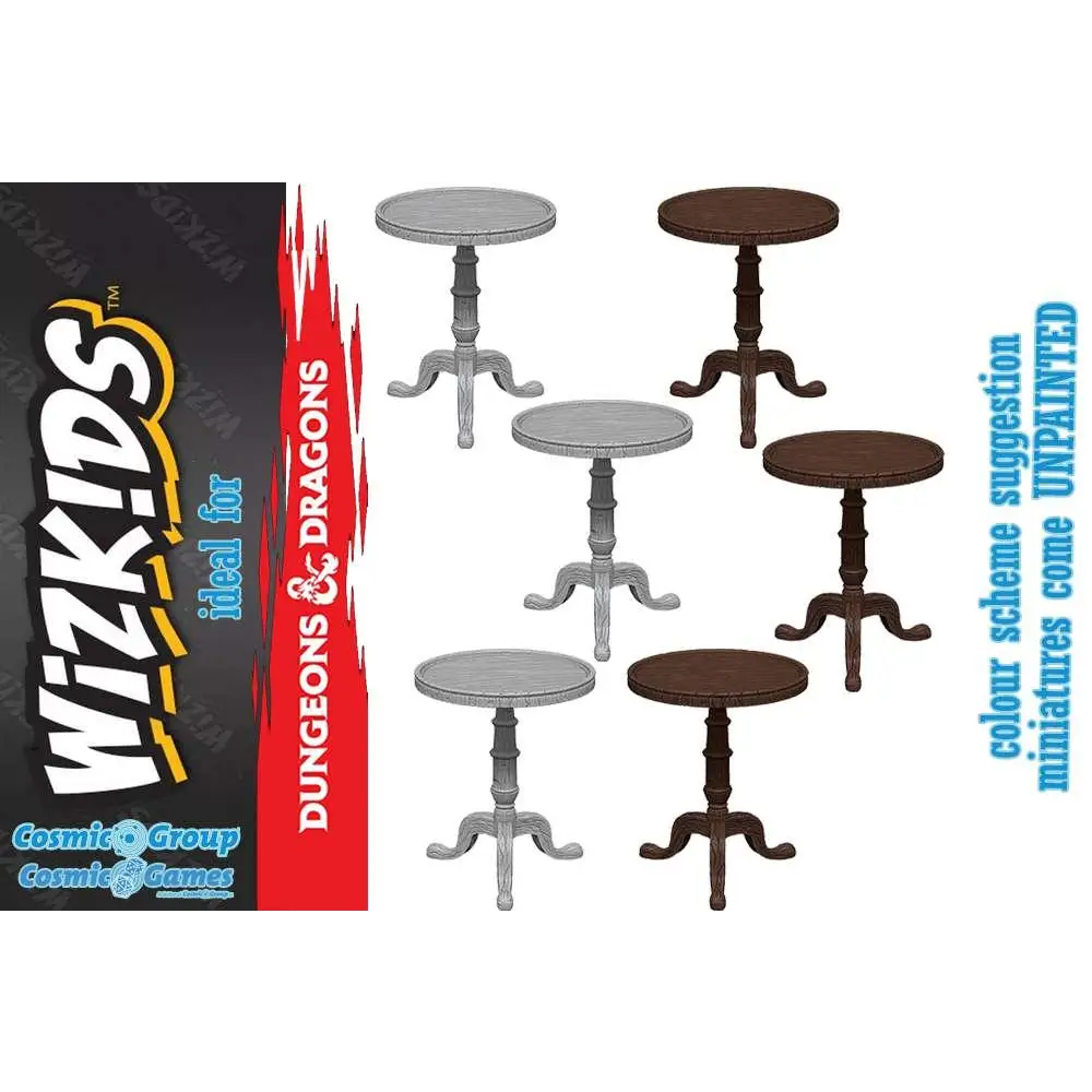 Tre miniatyr runda bord med ornamenterade treben i grå och brun plastfinish