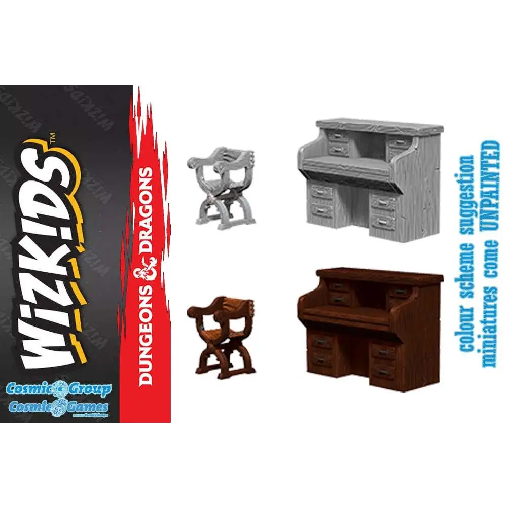Omålad grå plastminiatyr av skrivbord med flera lådor och böjd topp från Wizkids