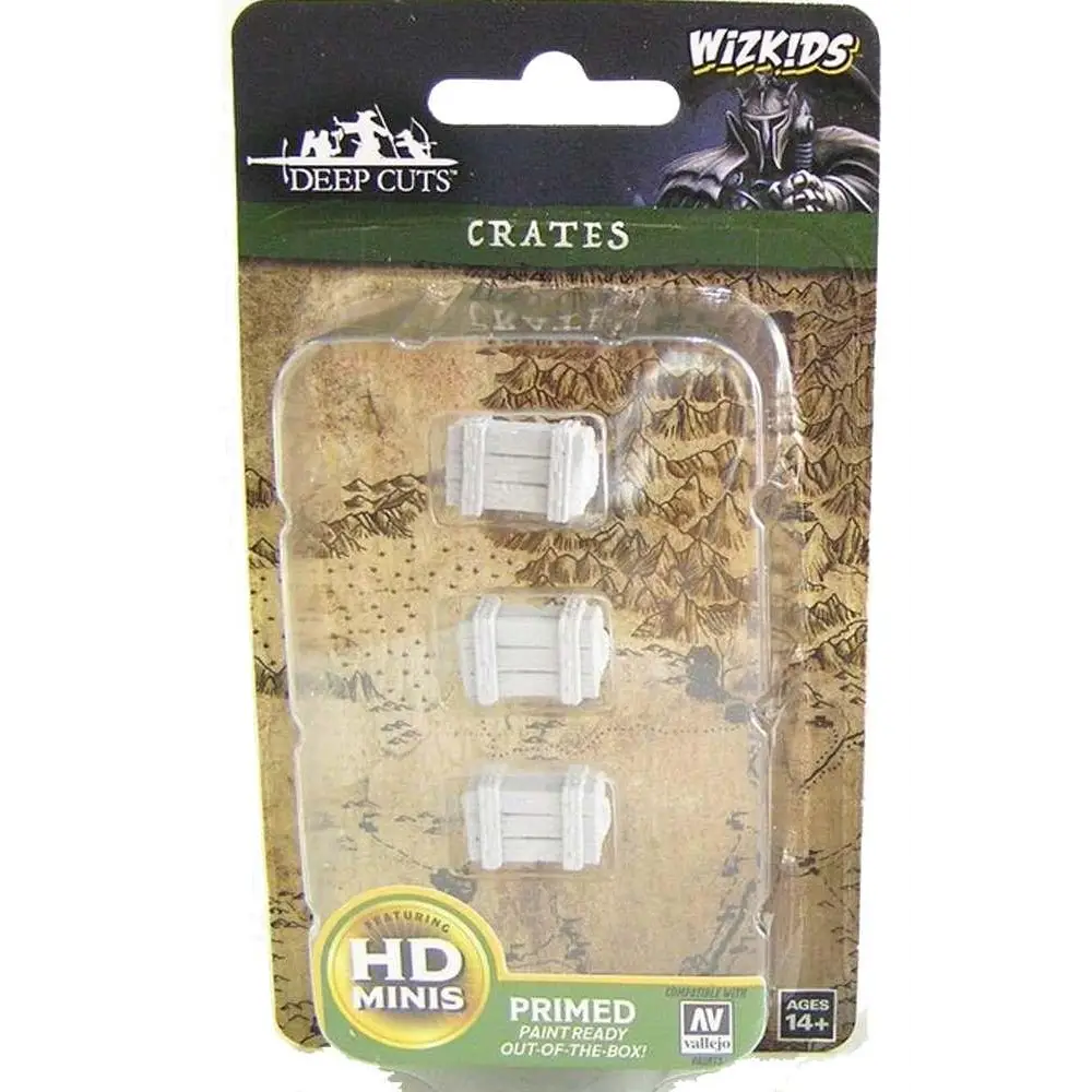 Tre vita, grundade plastlådor i klar blisterförpackning – WizKids Miniatyrer i Plastresin Um Crates