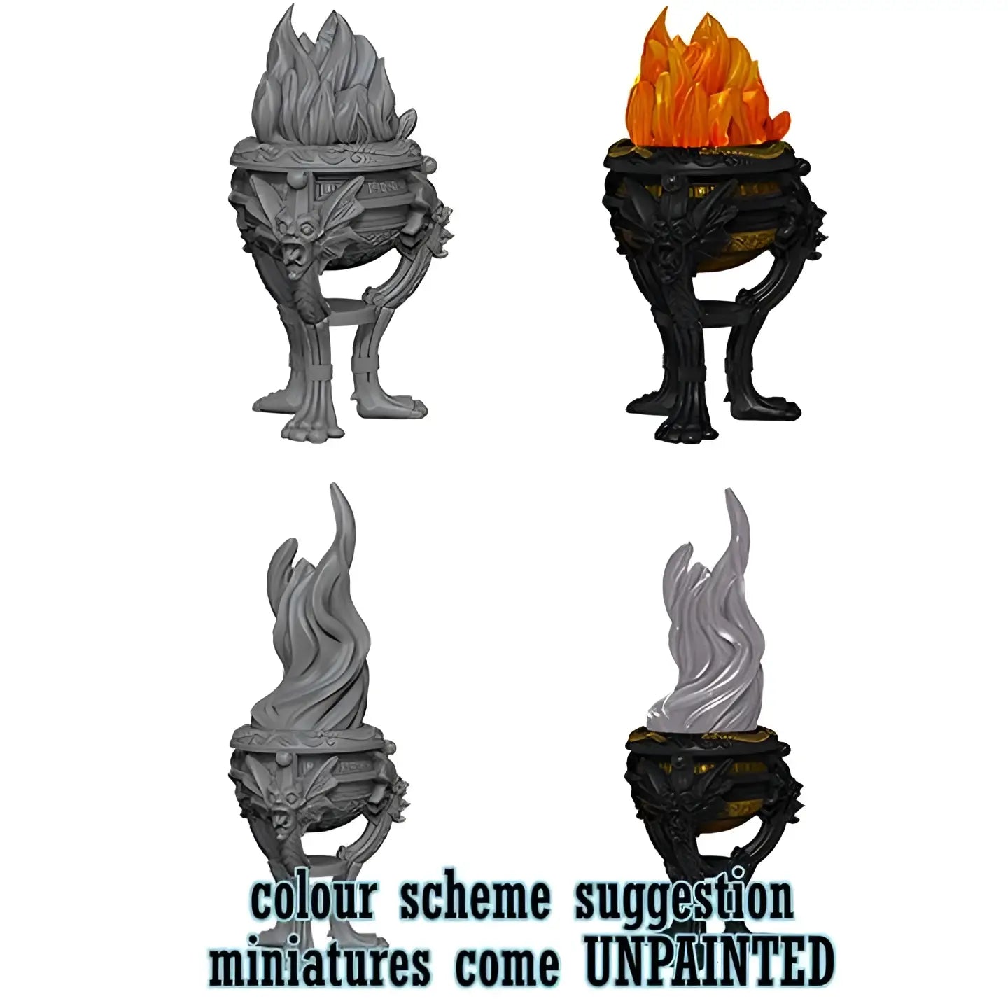 Miniatyrmodell av svart och orange flamtoppad urn med drakliknande ben från WizKids Um Braziers