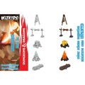 Omålad plastminiatyr lägereld med staplad ved och glödande orange lågor från WizKids