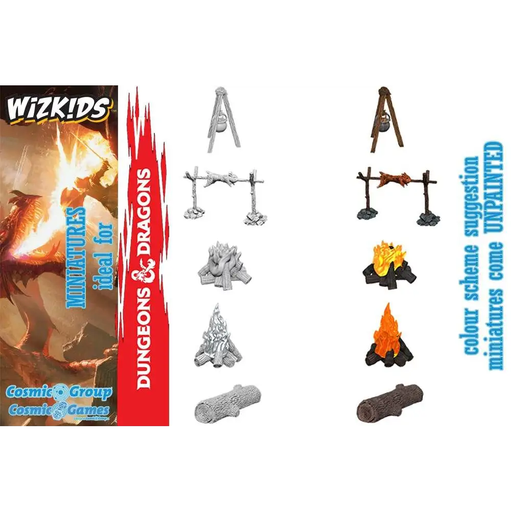 Omlackad plastminiatyr lägereld med staplad ved och orange glöd från WizKids