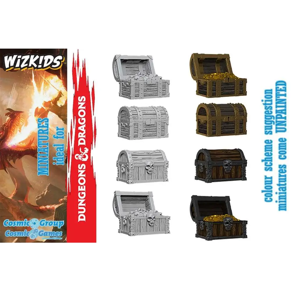 Omålade trähytor skatterier med skallemönster och guld, WizKids D&D-set