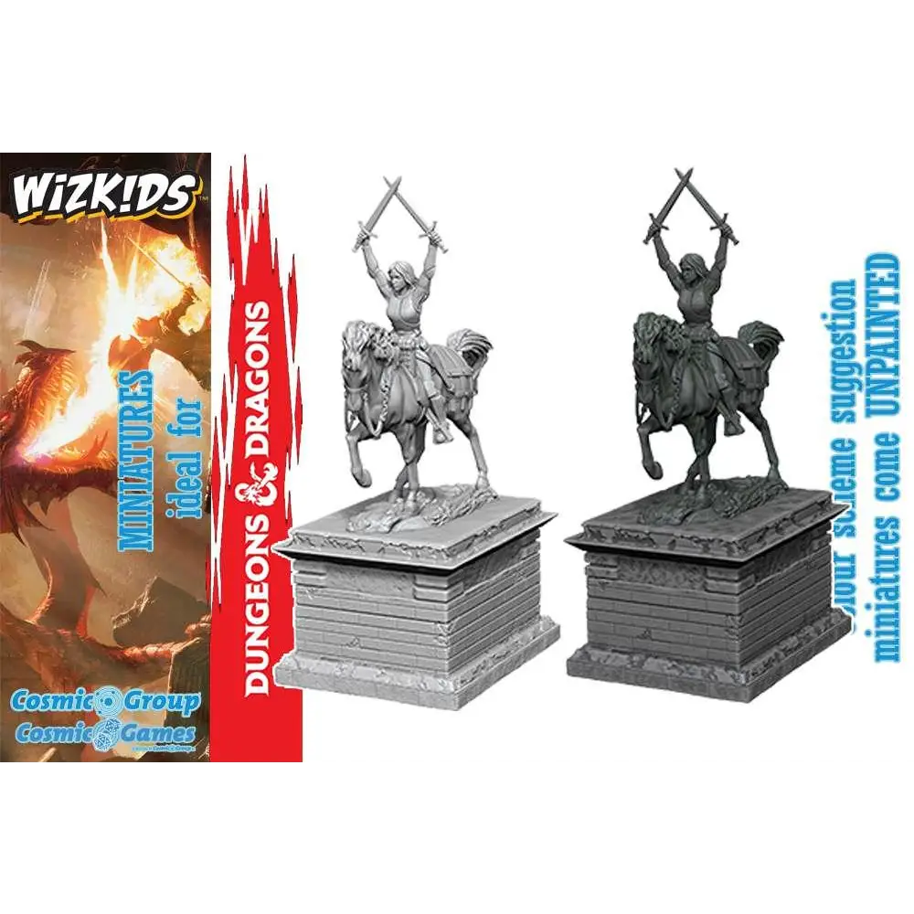 Ommålad grå resinminiatyr av kvinnlig riddare till häst med två svärd höjda, Wizkids UM Heroic Statue