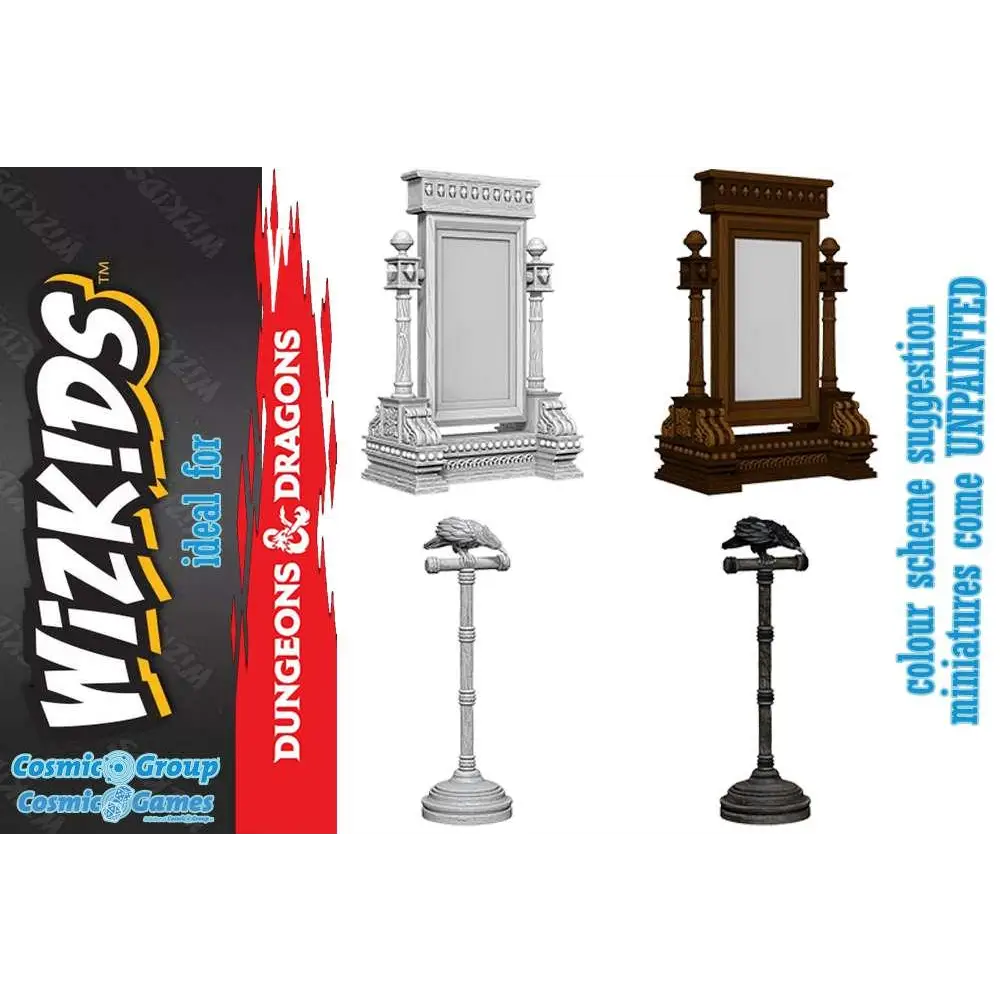 Grå och bruna miniatyr speglar med ornamenterade ramar för D&D-spel, Wizkids Um Mirror & Bird on Stand