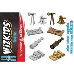 Omålade plastminiatyrer av teleskop i grått och brunt för D&D-spel, Wizkids