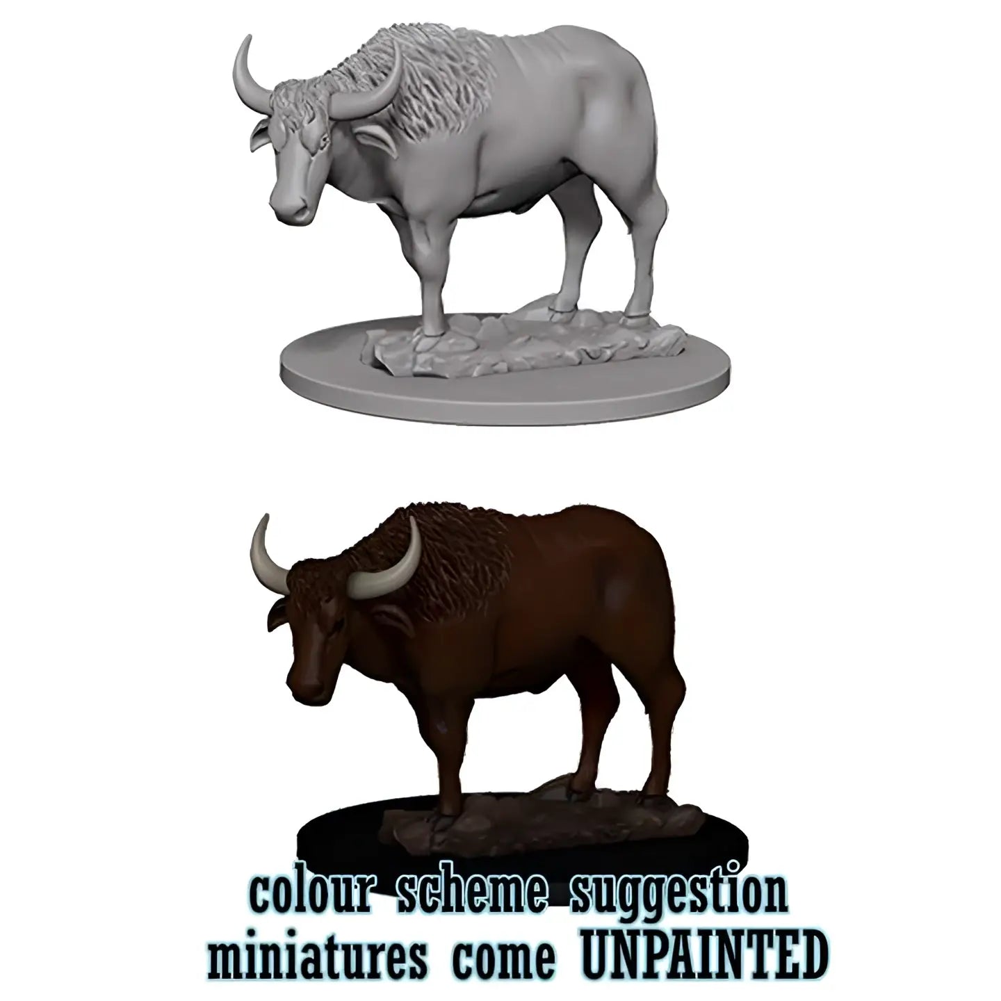 Ommålad grå buffelminiatur med detaljerad päls och horn, bredvid brunt färgschema. Wizkids
