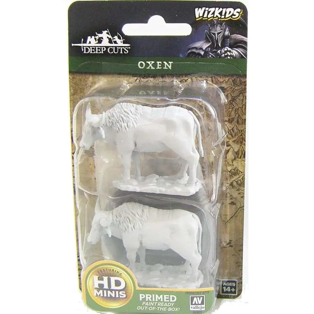 Vit plast oxar miniatyrer i klar blisterförpackning Wizkids Um Oxen Plasmodeller